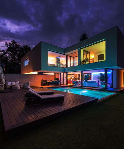 Modern,Villa,With,Colored,Led,Lights,At,Night.,Nobody,Inside