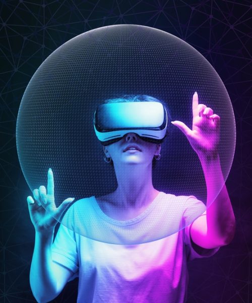 Metaverse,And,3d,Simulation.,Portrait,Of,Young,Woman,In,Vr